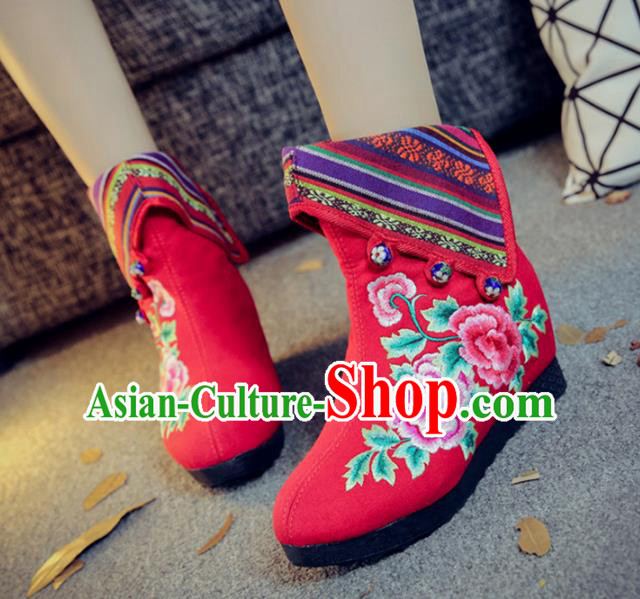 Traditional Chinese National Hanfu Embroidery Peony Red Boots, China Embroidered Shoes for Women