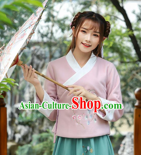 Traditional Chinese National Costume Hanfu Embroidery Pink Blouse, China Tang Suit Cheongsam Upper Outer Garment Shirt for Women