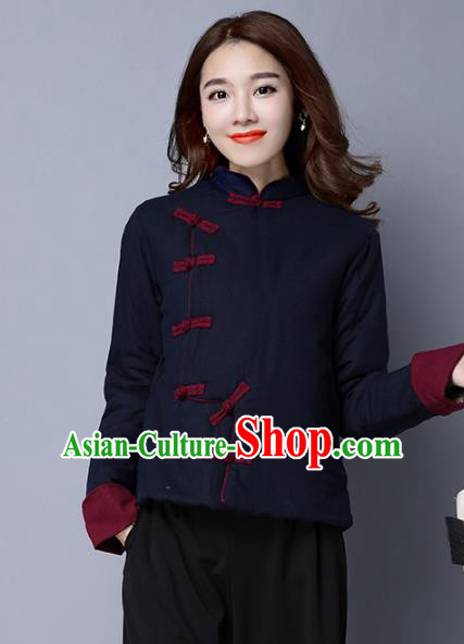 Traditional Chinese National Costume Hanfu Navy Cotton-padded Jacket, China Tang Suit Coat for Women