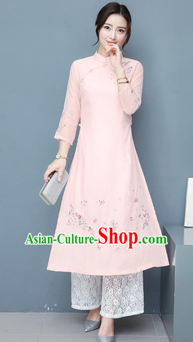 Traditional Chinese National Costume Hanfu Pink Embroidered Qipao, China Tang Suit Cheongsam Dress for Women