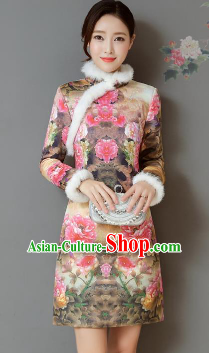 Traditional Chinese National Costume Hanfu Printing Peony Qipao Dress, China Tang Suit Cheongsam for Women