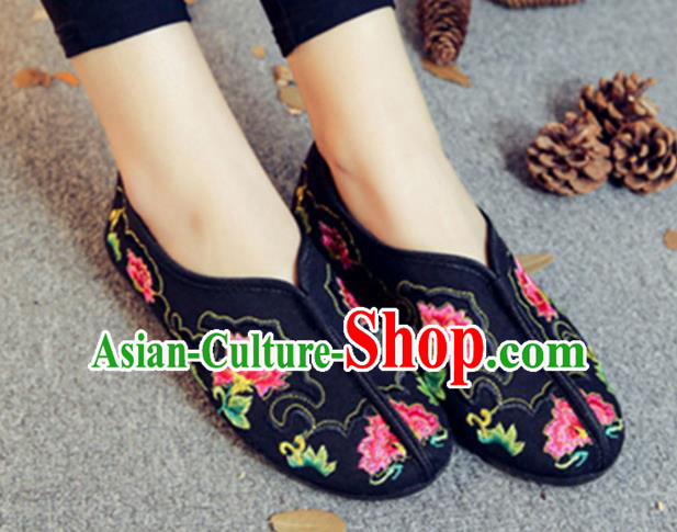 Traditional Chinese National Hanfu Embroidery Peony Black Shoes, China Ancient Embroidered Shoes for Women