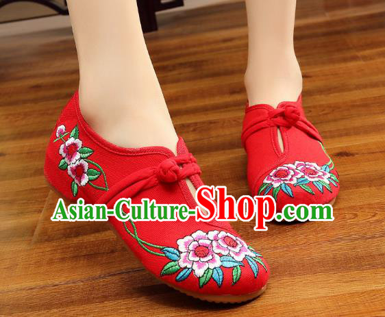 Traditional Chinese National Hanfu Embroidery Flowers Red Shoes, China Ancient Embroidered Shoes for Women