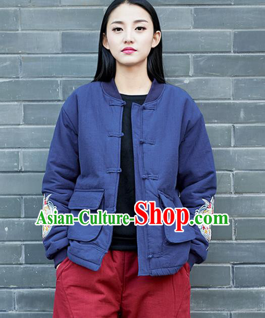 Traditional Chinese National Costume Hanfu Embroidered Blue Cotton-padded Jacket, China Tang Suit Coat for Women