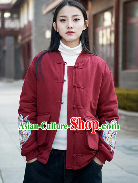 Traditional Chinese National Costume Hanfu Embroidered Red Cotton-padded Jacket, China Tang Suit Coat for Women