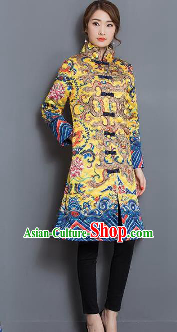Traditional Chinese National Costume Hanfu Yellow Cotton-padded Coat, China Tang Suit Dust Coat for Women