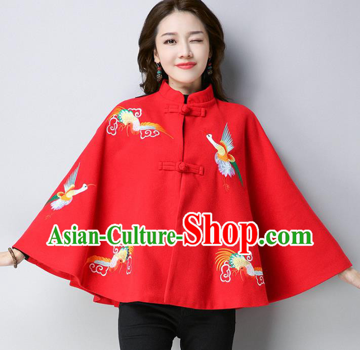 Traditional Chinese National Costume Hanfu Red Embroidered Red Cloak, China Tang Suit Cape for Women