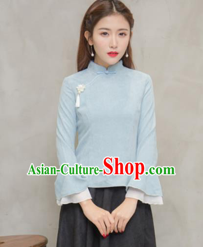 Traditional Chinese National Costume Hanfu Blue Qipao Blouse, China Tang Suit Cheongsam Shirts for Women