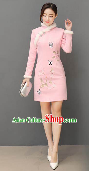 Traditional Chinese National Costume Hanfu Painting Butterfly Pink Qipao, China Tang Suit Cheongsam Dress for Women