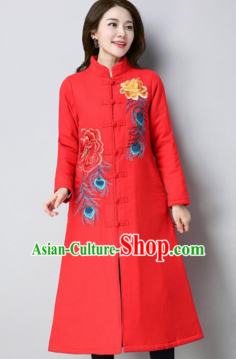 Traditional Chinese National Costume Hanfu Red Embroidered Cotton-padded Coat, China Tang Suit Dust Coat for Women