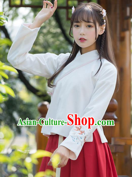 Traditional Chinese National Costume Hanfu Embroidery White Blouse, China Tang Suit Cheongsam Upper Outer Garment Shirt for Women
