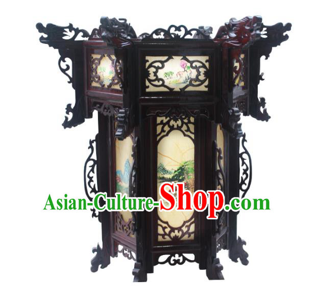 Traditional Chinese Handmade Printing Grass Hexagon Lantern Classical Palace Lantern China Wood Carving Ceiling Palace Lamp