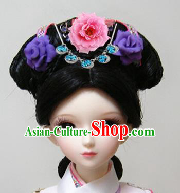 Traditional Handmade Chinese Ancient Qing Dynasty Manchu Palace Lady Hair Accessories Hairpins and Wig Complete Set for Women