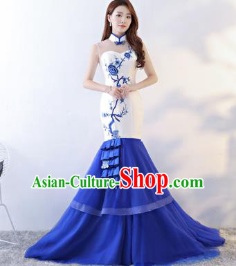 Chinese Style Wedding Catwalks Costume Wedding Bride Embroidered Trailing Full Dress Fishtail Cheongsam for Women