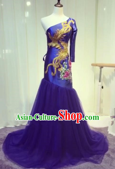 Chinese Style Wedding Catwalks Costume Wedding Bride Embroidery Trailing Full Dress Compere One-shoulder Cheongsam for Women