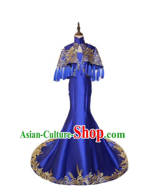 Chinese Style Wedding Catwalks Costume Wedding Blue Fishtail Full Dress Compere Embroidered Cheongsam for Women
