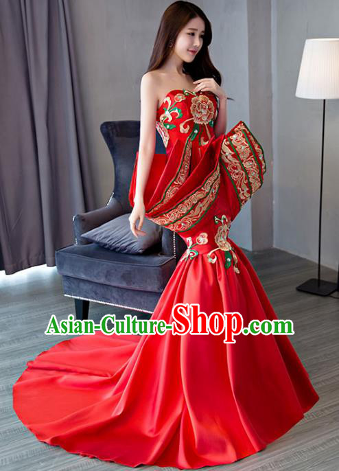 Chinese Style Wedding Catwalks Costume Wedding Trailing Red Full Dress Compere Embroidered Cheongsam for Women