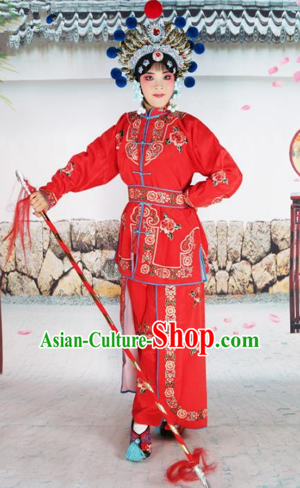 Chinese Beijing Opera Warrior Embroidered Red Costume, China Peking Opera Blues Actress Embroidery Clothing