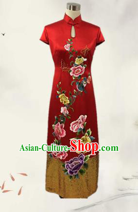 Traditional Chinese National Costume Wedding Mandarin Qipao, Tang Suit Chirpaur Embroidered Red Silk Cheongsam Clothing for Women
