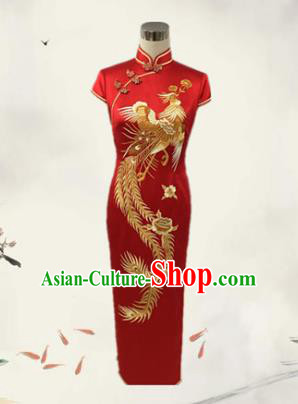 Traditional Chinese National Costume Wedding Mandarin Red Qipao, Tang Suit Embroidered Chirpaur Silk Cheongsam Clothing for Women