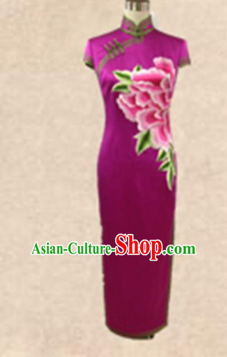 Traditional Chinese National Costume Rosy Mandarin Qipao, Tang Suit Embroidered Peony Chirpaur Silk Cheongsam Clothing for Women