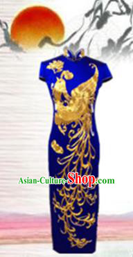 Traditional Chinese National Costume Blue Mandarin Qipao, Tang Suit Embroidered Phoenix Chirpaur Silk Cheongsam Clothing for Women
