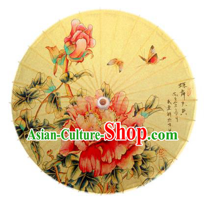 Asian China Dance Handmade Umbrella Stage Performance Umbrella Printing Peony Yellow Oil-paper Umbrellas