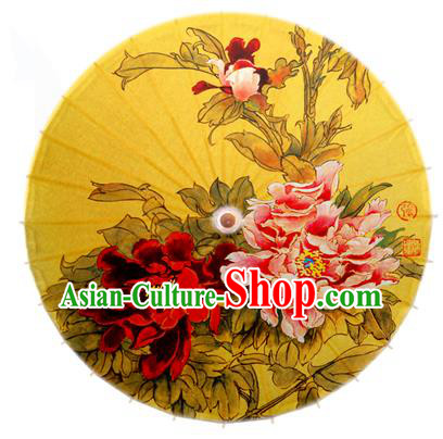 Asian China Dance Handmade Umbrella Stage Performance Umbrella Printing Peony Flowers Yellow Oil-paper Umbrellas