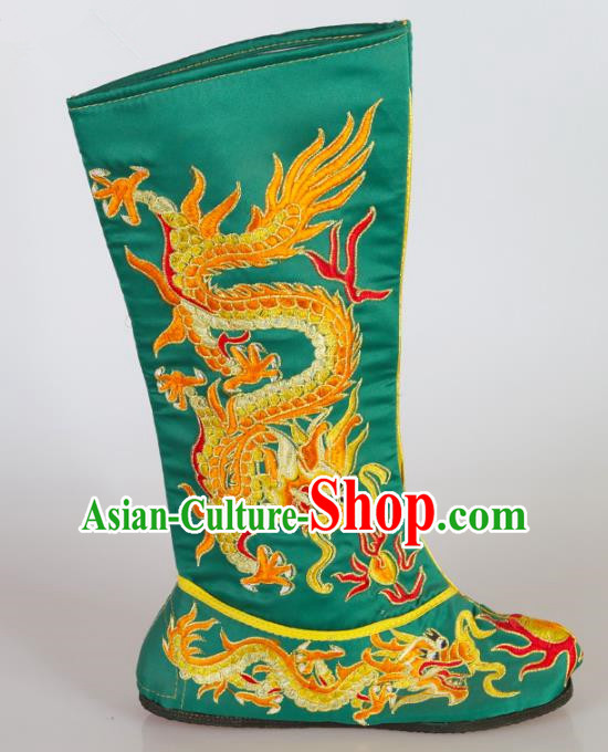 Chinese Beijing Opera Emperor Green Embroidered Boots, China Peking Opera Takefu Embroidery Dragons Shoes