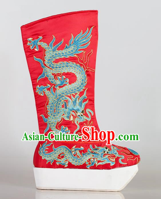 Chinese Beijing Opera Emperor Red Embroidered Boots, China Peking Opera Takefu Embroidery Dragons Shoes