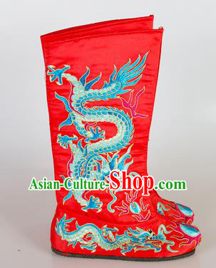 Chinese Beijing Opera Emperor Red Embroidered Boots, China Peking Opera Takefu General Embroidery Dragons Shoes