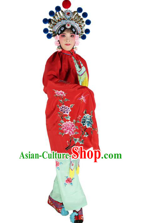 Chinese Beijing Opera Female Soldier Costume Embroidered Red Short Cloak, China Peking Opera Blues Embroidery Mantle Clothing