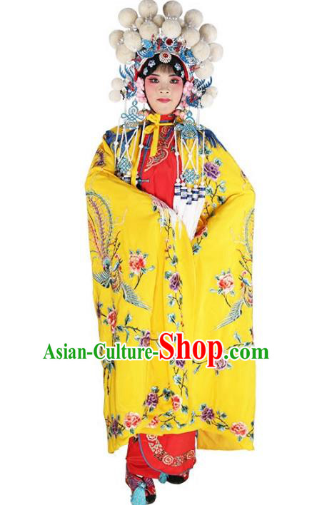 Chinese Beijing Opera Female Soldier Costume Embroidered Yellow Cloak, China Peking Opera Blues Embroidery Mantle Clothing
