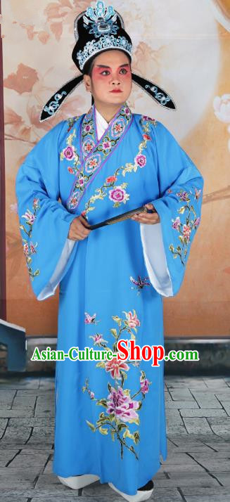 Chinese Beijing Opera Niche Costume Blue Embroidered Robe, China Peking Opera Scholar Embroidery Peony Clothing