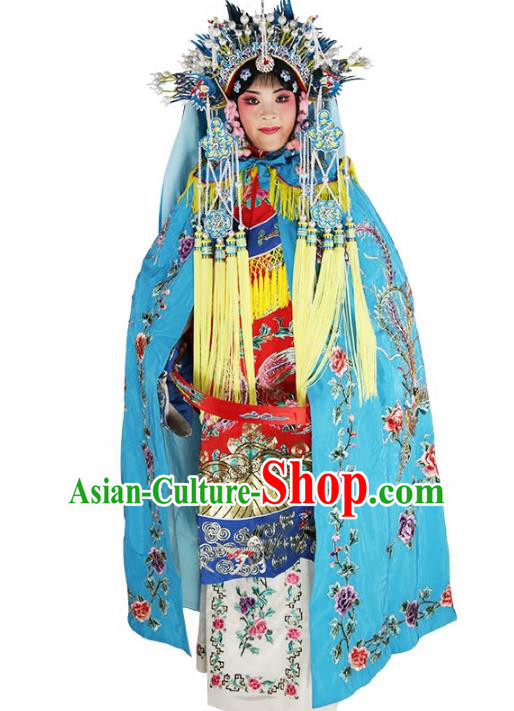 Chinese Beijing Opera Swordplay Lady Costume Embroidered Blue Cloak, China Peking Opera Blues Embroidery Mantle Clothing