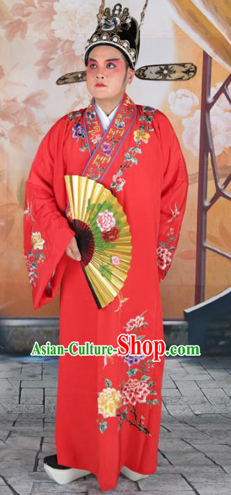 Chinese Beijing Opera Niche Costume Red Embroidered Robe, China Peking Opera Scholar Embroidery Peony Clothing