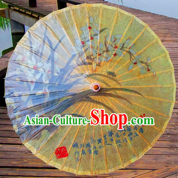 China Traditional Dance Handmade Umbrella Painting Orchid Yellow Oil-paper Umbrella Stage Performance Props Umbrellas