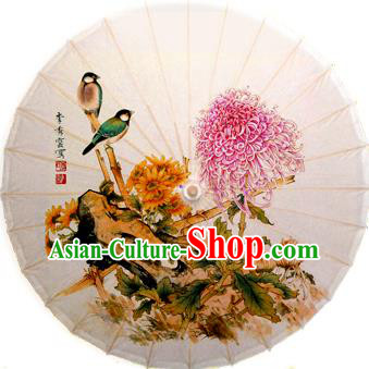 Handmade China Traditional Dance Ink Painting Birds Chrysanthemum Umbrella Oil-paper Umbrella Stage Performance Props Umbrellas