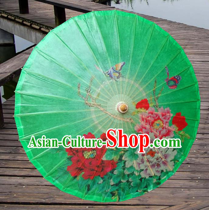 Handmade China Traditional Folk Dance Umbrella Painting Peony Green Oil-paper Umbrella Stage Performance Props Umbrellas