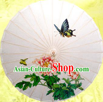 Handmade China Traditional Dance Umbrella Classical Painting Peony Butterfly White Oil-paper Umbrella Stage Performance Props Umbrellas