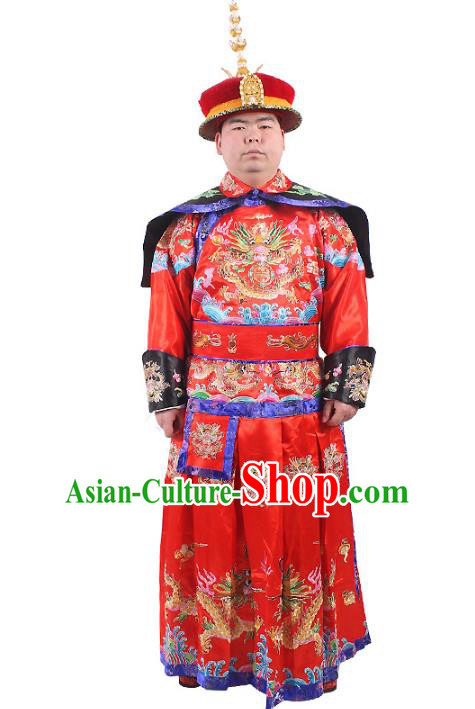 Chinese Beijing Opera Qing Dynasty Emperor Costume Embroidered Robe, China Manchu Majesty Embroidery Clothing