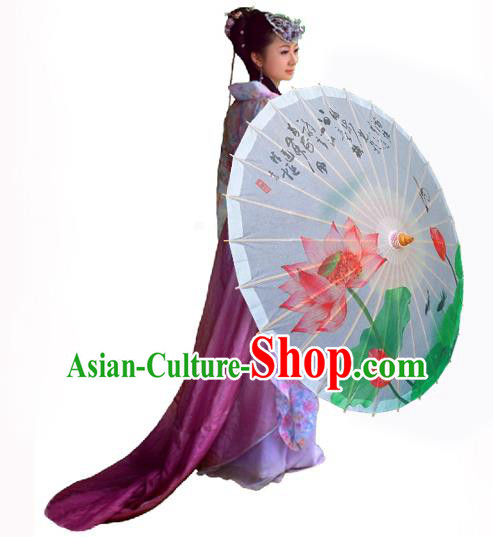 Handmade China Traditional Folk Dance Umbrella Ink Painting Lotus White Oil-paper Umbrella Stage Performance Props Umbrellas