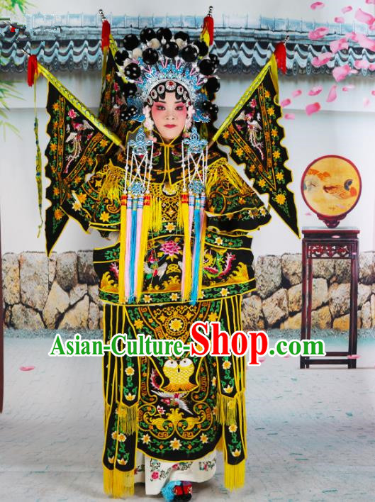 Chinese Beijing Opera Female General Embroidered Black Costume, China Peking Opera Blues Embroidery Clothing