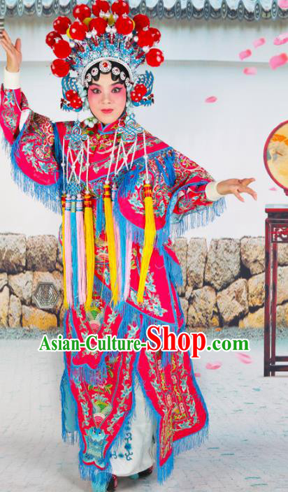 Chinese Beijing Opera Martial Lady Embroidered Rosy Costume, China Peking Opera Blues Embroidery Clothing