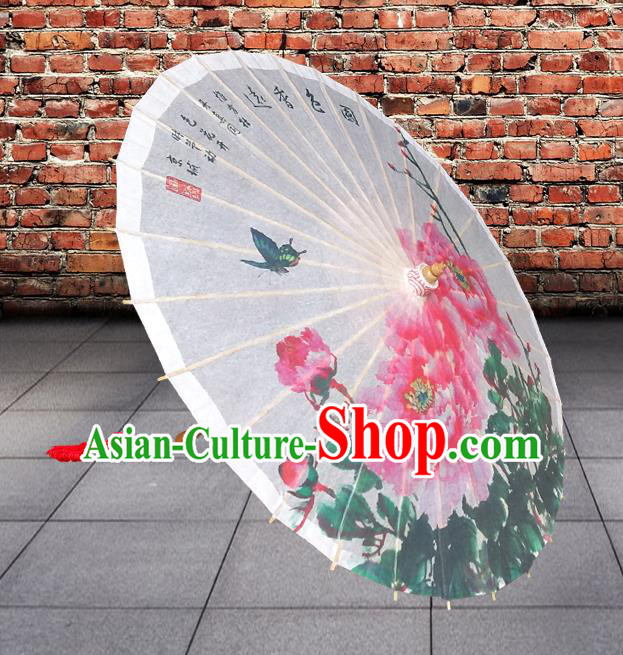 China Traditional Folk Dance Paper Umbrella Hand Painting Peony Flowers White Oil-paper Umbrella Stage Performance Props Umbrellas