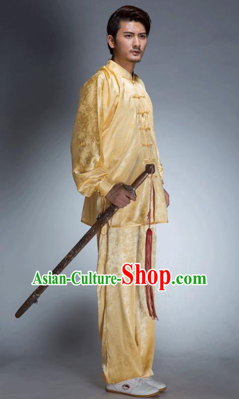 Top Grade Chinese Kung Fu Costume, China Martial Arts Tai Ji Training Yellow Uniform Gongfu Shaolin Wushu Clothing for Men