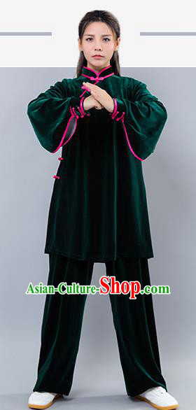 Top Grade Chinese Kung Fu Atrovirens Velvet Costume China Martial Arts Training Uniform Tai Ji Wushu Clothing for Women