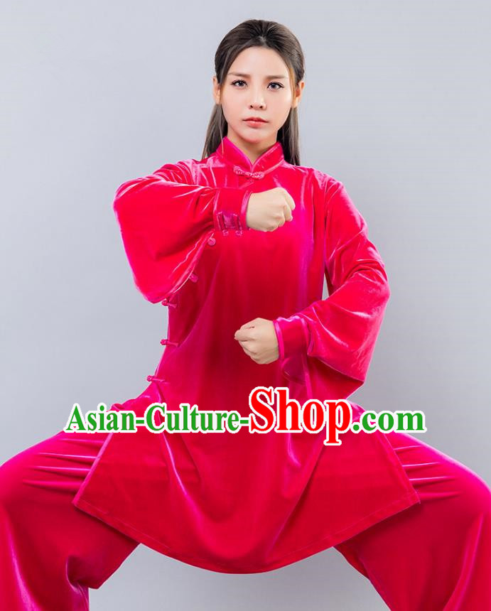 Top Grade Chinese Kung Fu Pink Velvet Costume China Martial Arts Training Uniform Tai Ji Wushu Clothing for Women