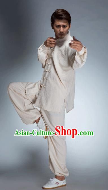 Top Grade Chinese Kung Fu Beige Linen Costume, China Martial Arts Tai Ji Training Uniform Gongfu Clothing for Men
