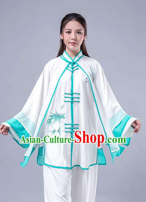 Top Grade Chinese Kung Fu Costume Martial Arts Printing Bamboo Green Uniform, China Tai Ji Wushu Plated Buttons Clothing for Women